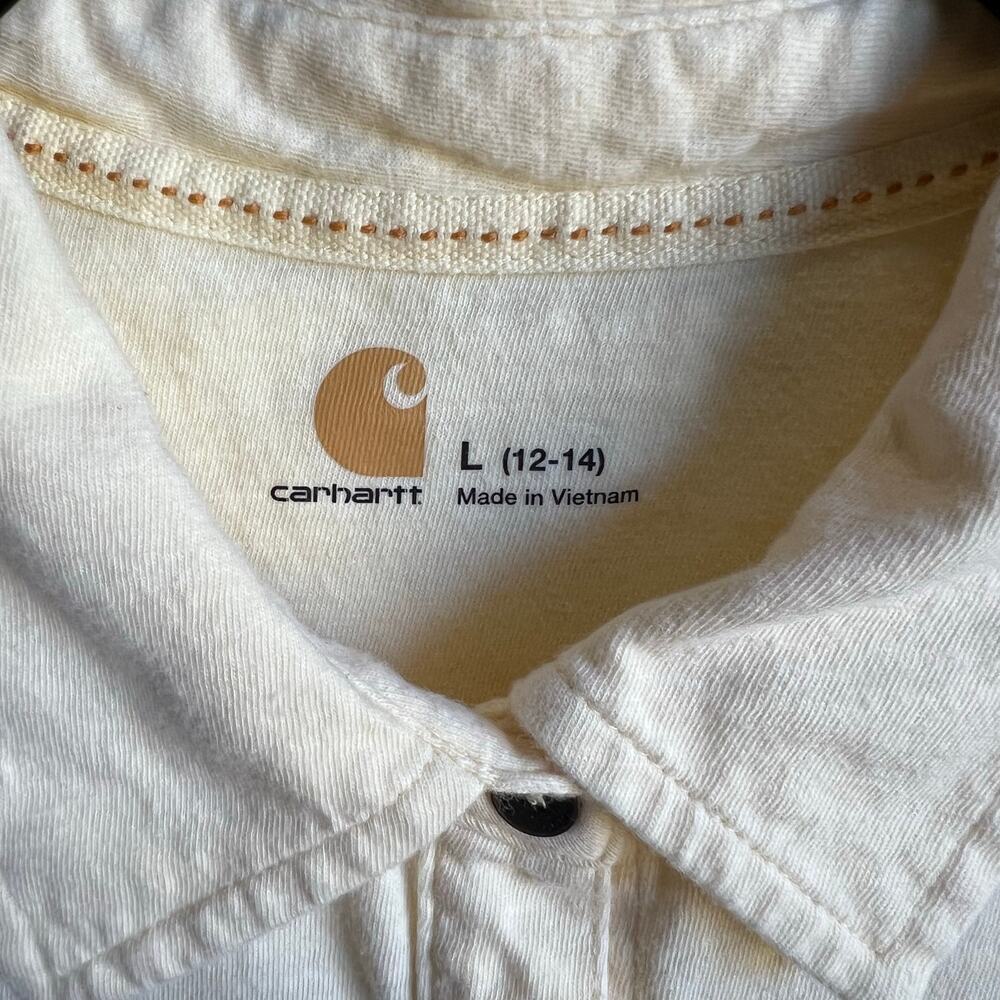 Carhartt Women's Yellow Button Down Shirt Top with Roll Tab Sleeves Size Large - Picture 2 of 8